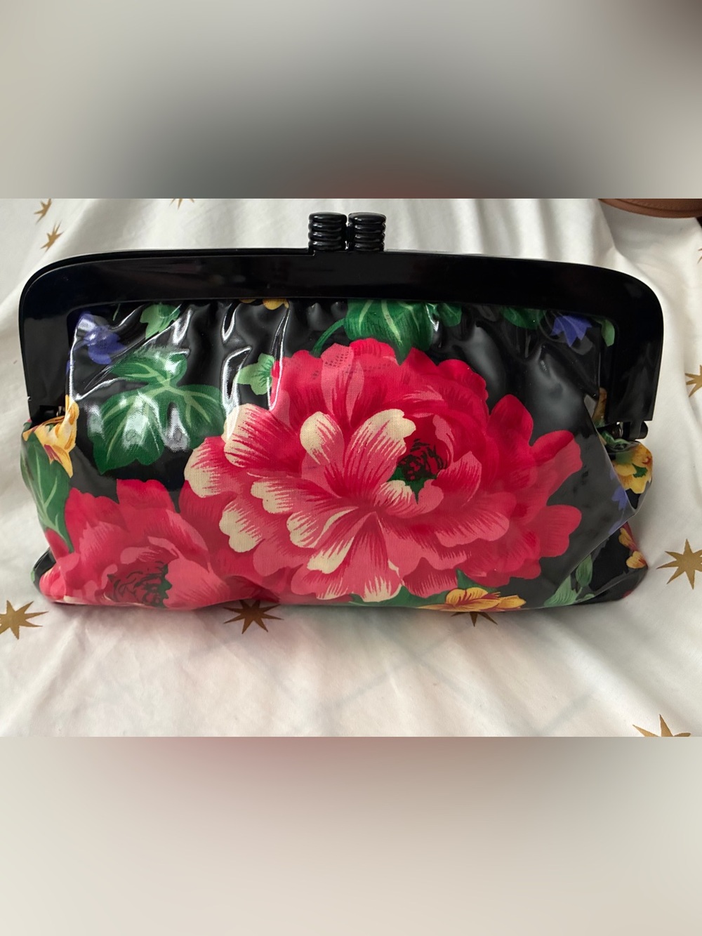 Vintage Estro Di Firenze made in Italy Glossy Black and Floral Clutch Bag